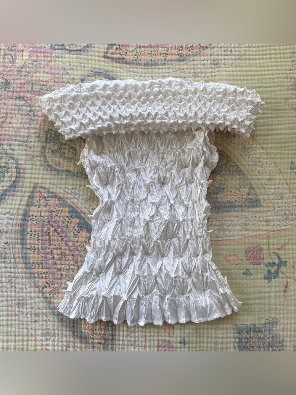 Vintage White Popcorn Textured Off Shoulder Cowl Neck Sculptural Top Y2K